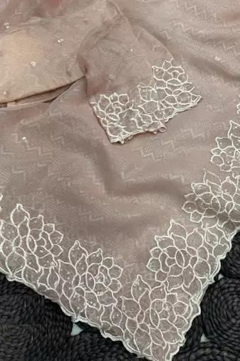 peach thread embroidery simmer saree