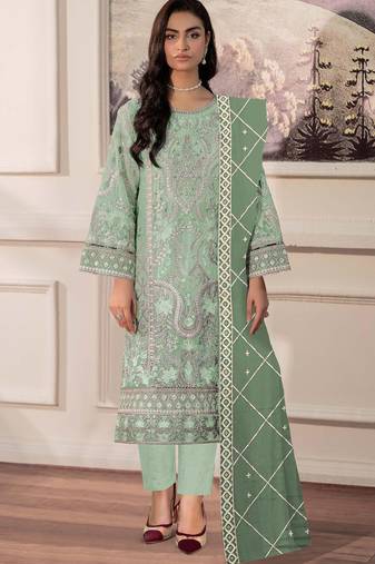 Pista chiffon semi stitched suit with embridery & sequin work