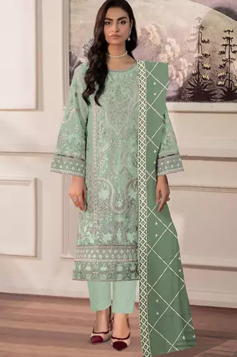 Pista chiffon semi stitched suit with embridery & sequin work