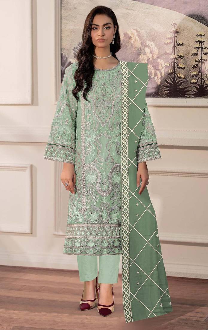 Pista chiffon semi stitched suit with embridery & sequin work