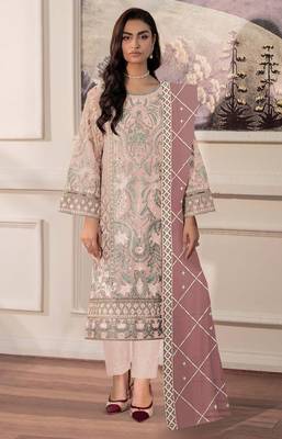 Peach chiffon semi stitched suit with embridery & sequin work 1