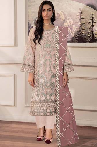 Peach chiffon semi stitched suit with embridery & sequin work