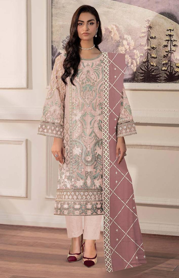 Peach chiffon semi stitched suit with embridery & sequin work