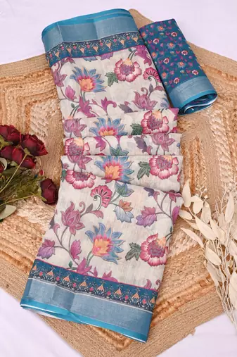 multicolor printed pure cotton multicolor saree with blouse