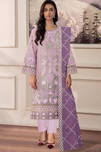 Lavender chiffon semi stitched suit with embridery & sequin work