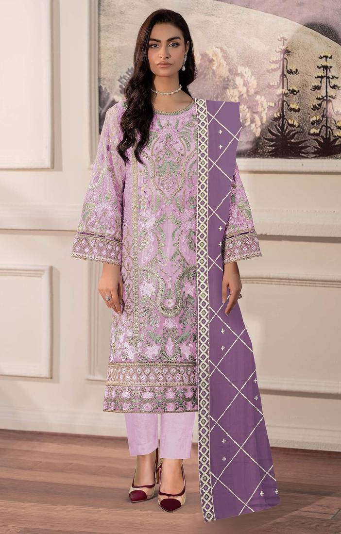Lavender chiffon semi stitched suit with embridery & sequin work