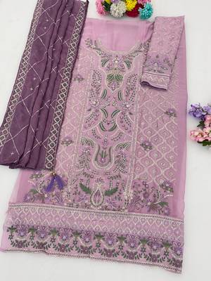 Lavender chiffon semi stitched suit with embridery & sequin work 2