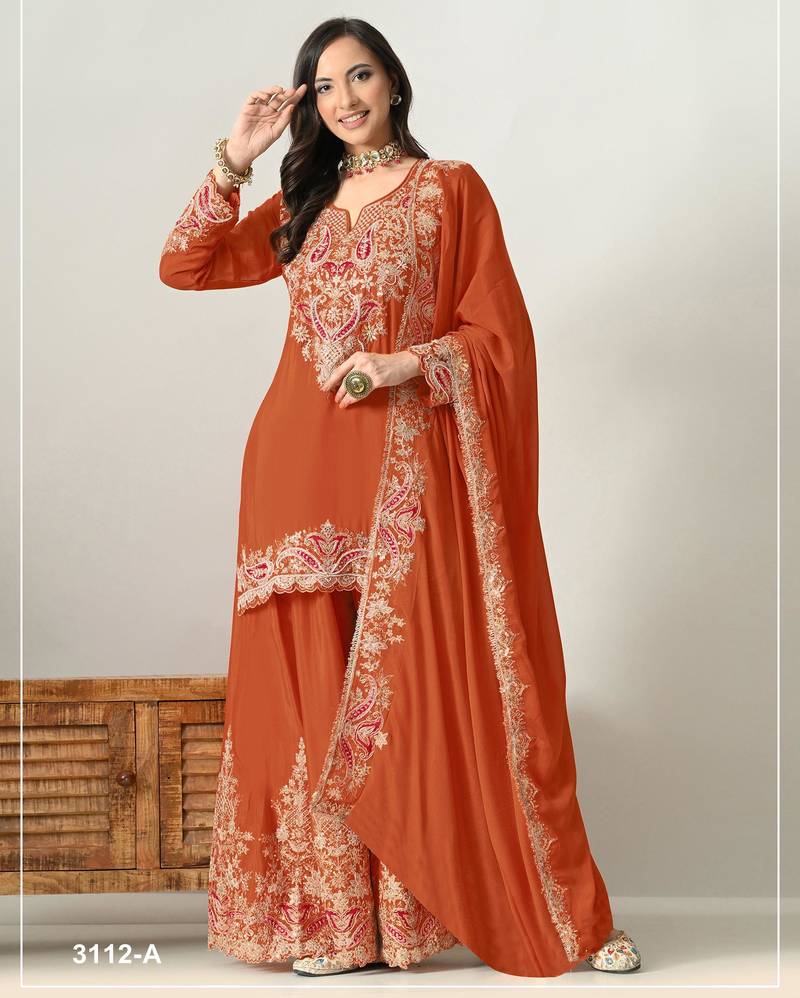 Orange chinon semi stitched suit with embridery & sequin work