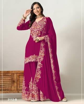 Red chinon semi stitched suit with embridery & sequin work 1