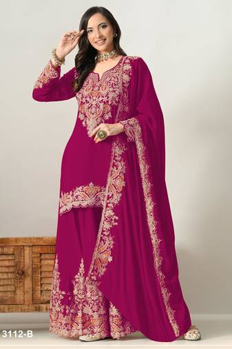 Red chinon semi stitched suit with embridery & sequin work