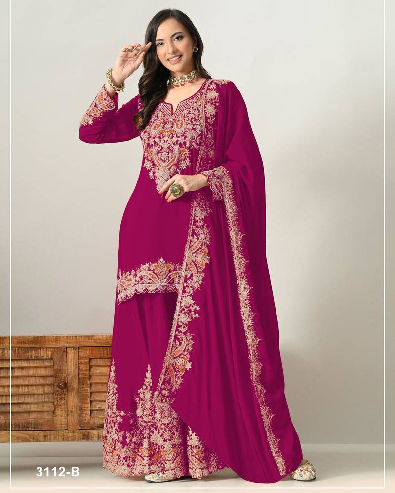 Red chinon semi stitched suit with embridery & sequin work
