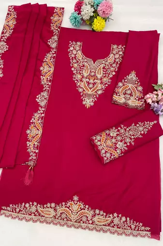 Red chinon semi stitched suit with embridery & sequin work