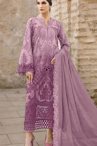 Purple chiffon semi stitched suit with embridery & sequin work