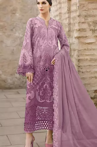 Purple chiffon semi stitched suit with embridery & sequin work