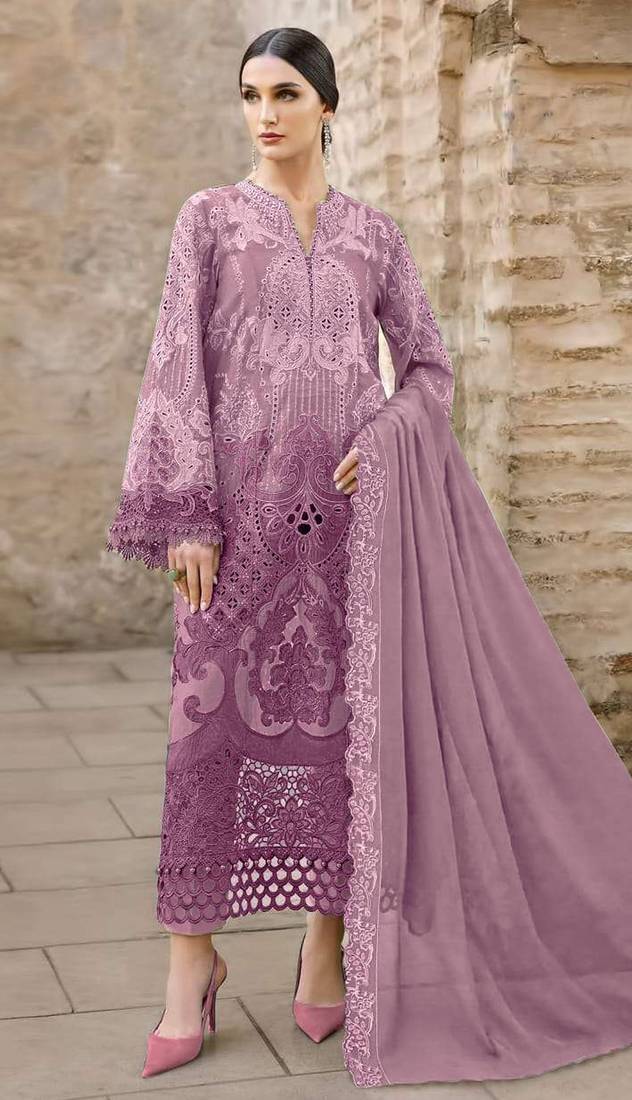 Purple chiffon semi stitched suit with embridery & sequin work