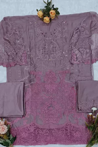 Purple chiffon semi stitched suit with embridery & sequin work