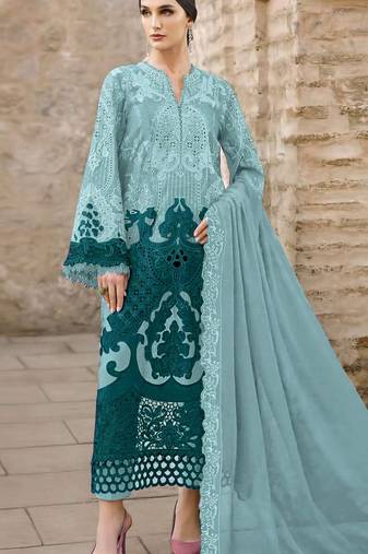 Blue chiffon semi stitched suit with embridery & sequin work