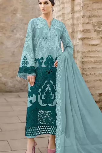 Blue chiffon semi stitched suit with embridery & sequin work