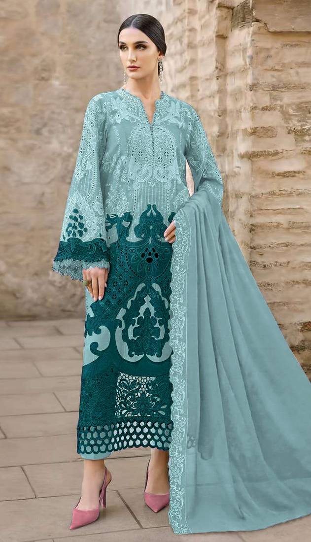 Blue chiffon semi stitched suit with embridery & sequin work