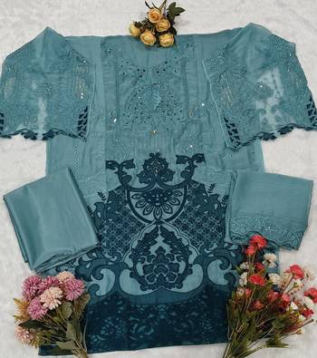 Blue chiffon semi stitched suit with embridery & sequin work 2