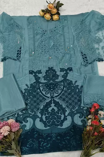 Blue chiffon semi stitched suit with embridery & sequin work