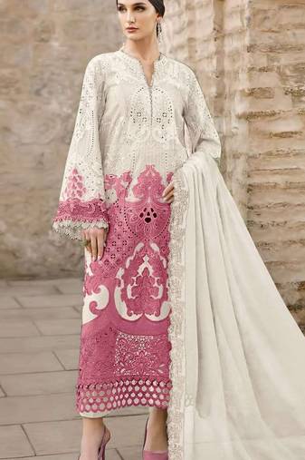 White chiffon semi stitched suit with embridery & sequin work