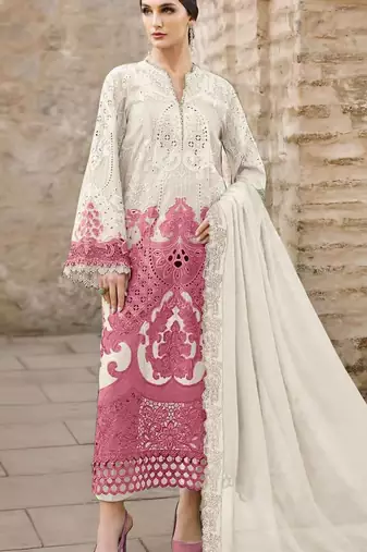 White chiffon semi stitched suit with embridery & sequin work