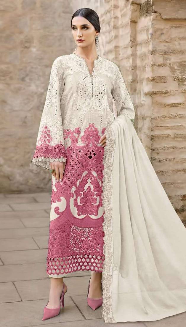 White chiffon semi stitched suit with embridery & sequin work