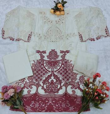 White chiffon semi stitched suit with embridery & sequin work 2
