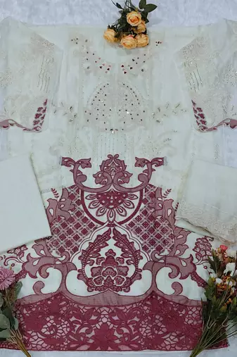 White chiffon semi stitched suit with embridery & sequin work