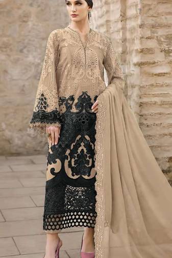 Brown chiffon semi stitched suit with embridery & sequin work