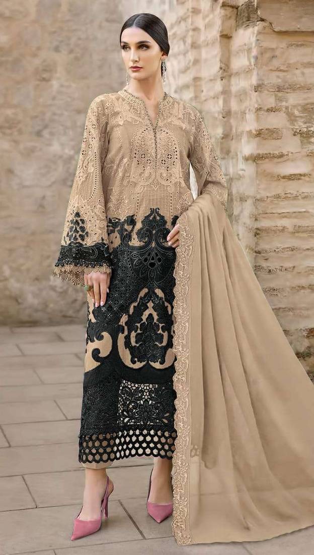 Brown chiffon semi stitched suit with embridery & sequin work