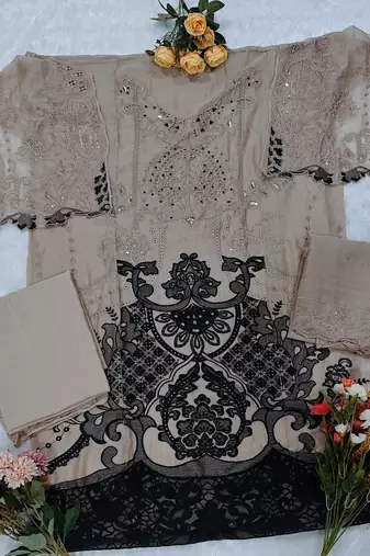 Brown chiffon semi stitched suit with embridery & sequin work