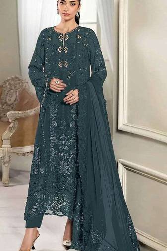 D emerald silk semi stitched suit with embridery & sequin work