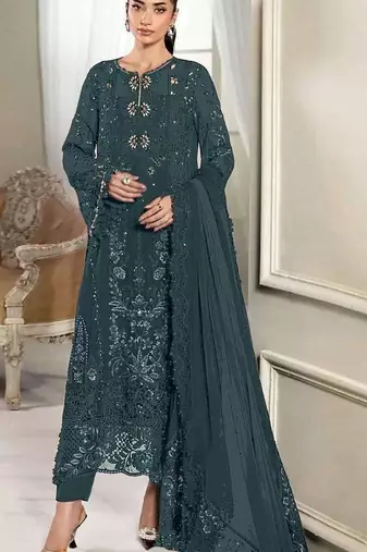 D emerald silk semi stitched suit with embridery & sequin work