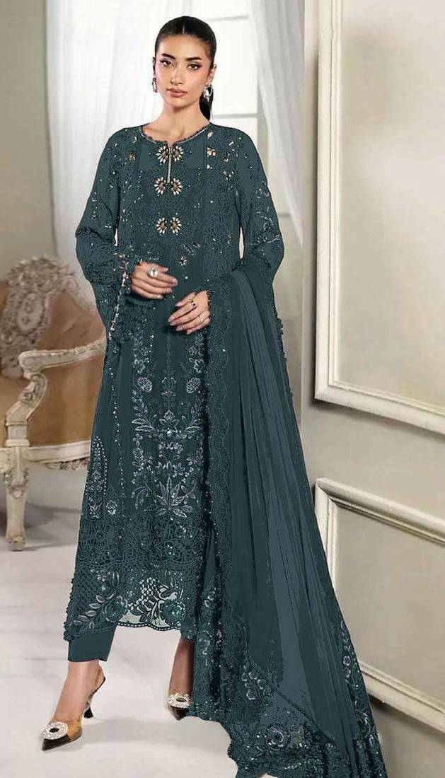 D emerald silk semi stitched suit with embridery & sequin work
