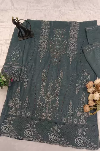 D emerald silk semi stitched suit with embridery & sequin work