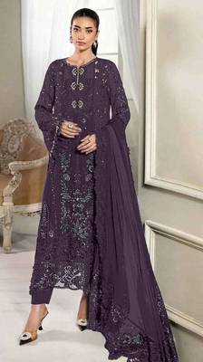 D purple silk semi stitched suit with embridery & sequin work 1
