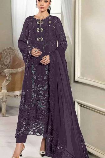D purple silk semi stitched suit with embridery & sequin work