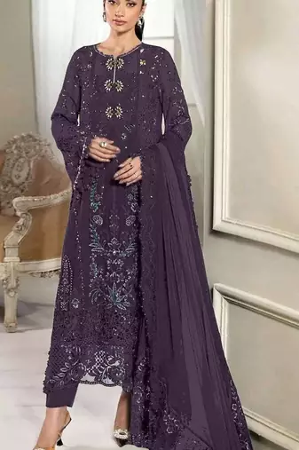 D purple silk semi stitched suit with embridery & sequin work