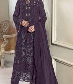 D purple silk semi stitched suit with embridery & sequin work