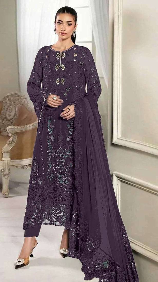D purple silk semi stitched suit with embridery & sequin work