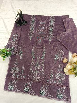 D purple silk semi stitched suit with embridery & sequin work 2