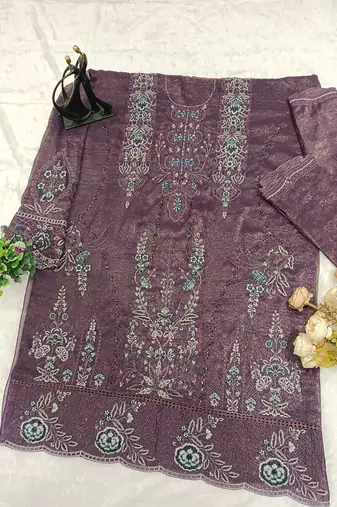 D purple silk semi stitched suit with embridery & sequin work