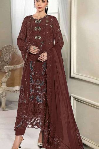 D maroon silk semi stitched suit with embridery & sequin work