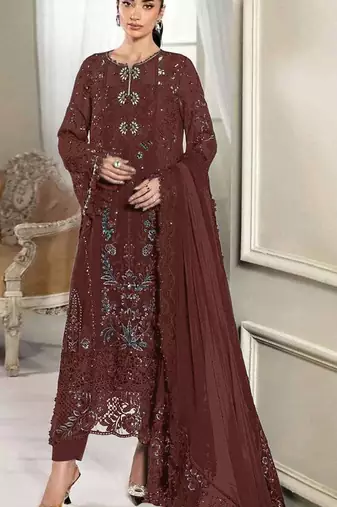 D maroon silk semi stitched suit with embridery & sequin work