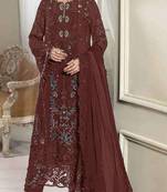 D maroon silk semi stitched suit with embridery & sequin work