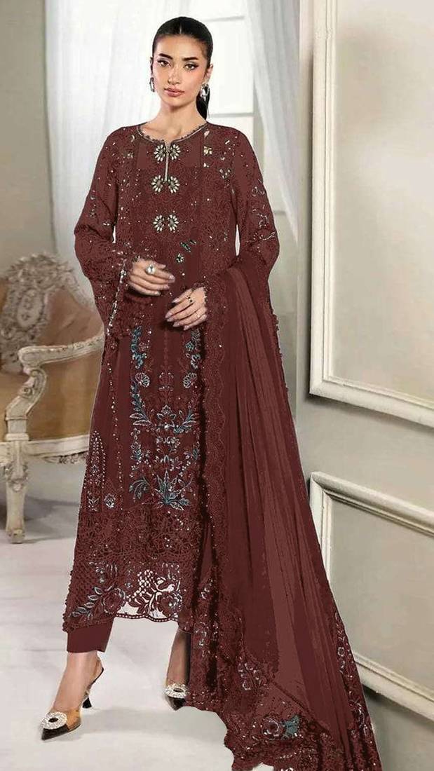 D maroon silk semi stitched suit with embridery & sequin work