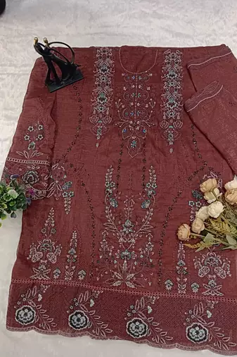 D maroon silk semi stitched suit with embridery & sequin work