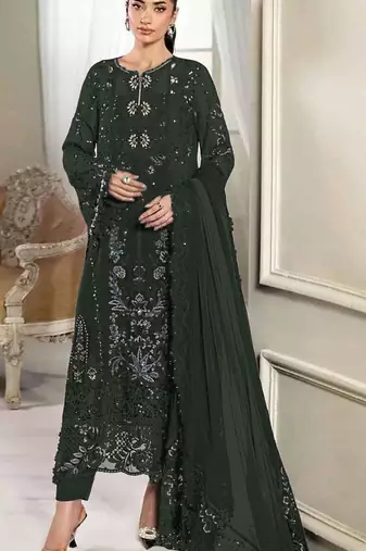 D green silk semi stitched suit with embridery & sequin work